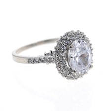 Sterling Silver Oval Cubic Zirconia Bridal Ring, 925 Silver Halo and CZ Band