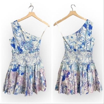 Rococo Sand Amaya One Shoulder Floral Print Mini Dress, Size S, Color Blue, NWT
