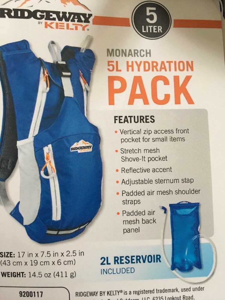 Ridgeway Kelty 5L Hydration Pack (2L bladder) cycling, running, hiking