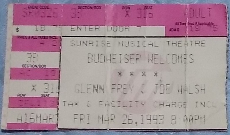GLENN FREY & JOE WALSH CONCERT TICKET STUB - 3/26/1993@ SUNRISE MUSICAL THEATER