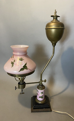 #ad Antique Victorian Pressure Student Lamp with Floral Painted Glass Shade $950.00