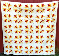 Antique CAROLINA LILY Hand Made Hand Quilted Quilt Red Yellow Estimated 1870's