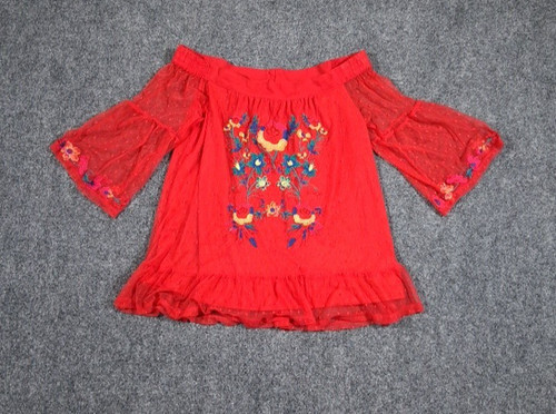 Umgee Women's Red Gauzy Off the Shoulder Embroidered Shirt Top Size Small