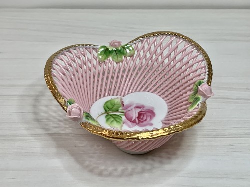 Vintage Porcelain PINK ROSE Hand Painted Floral Open Weave Basket Gold Trim - Picture 6 of 14