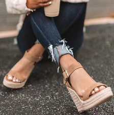 Women Ladies Ankle Platform Sandals Shoes High Heel Wedge Size Strap Espadrilles