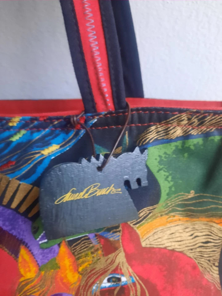 Laurel Burch Wild Horses of Fire Medium Canvas Cotton Tote, Unique Wood Charm - Image 3 of 4