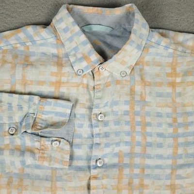 Tommy Bahama Shirt Mens Large Plaid Linen Button Up Casual Beachwear