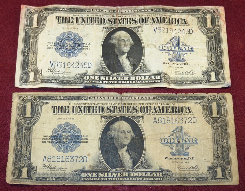 Lot of Two 1923 "HORSE BLANKET" $1 SILVER CERTIFICATES V-D and A-D Treas. White