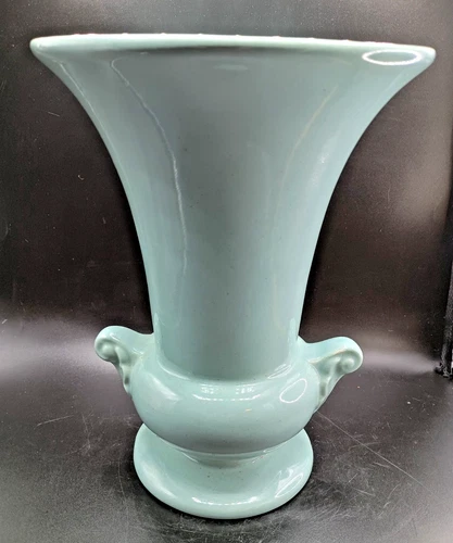 Vintage Pottery Vase Turquoise 9 1/4" H HAEGAR USA Scroll Handle Urn Footed Nice