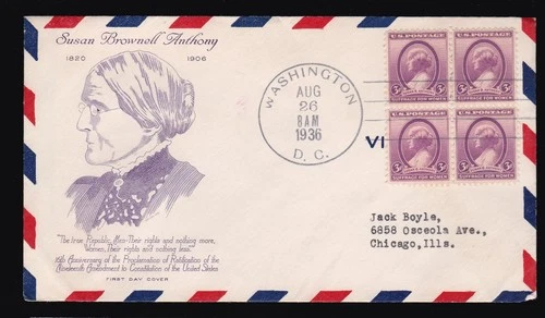 SUSAN B ANTHONY #784 US FIRST DAY COVER 1936, GRIMSLAND CACHET FDC