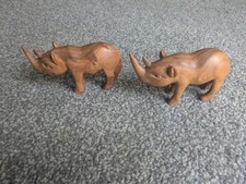 2 x Rhino Hand Carved Wooden Figurines