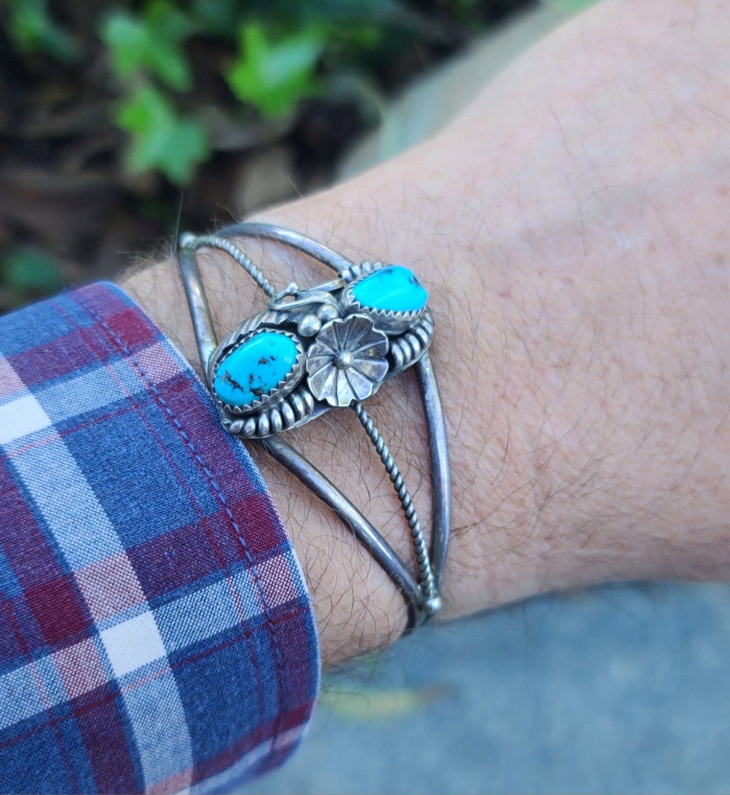 Vtg Native Solid Sterling Silver Turquoise Cuff B… - image 14