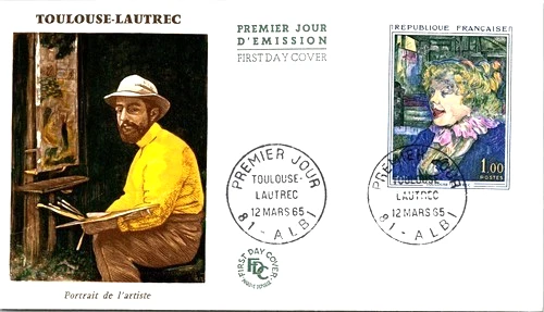 FRANCE PAINTER TOULOUSE LATREC 1965  MARQUE DEPOSEE SILK CACHET FDC UNADDR