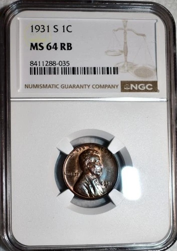 1931 S Lincoln Cent penny NGC MS 64 RB, Key Date, Vibrant Toning -Eye Appeal