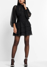 Express Mock Neck Long Sleeve Pleated Waist Tiered Ruffle Mini Dress - Sz8 Black