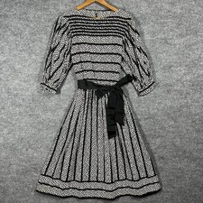 VINTAGE 80s Neiman Marcus Richard Warren Black Puff Sleeve Midi Dress Bow Cotton