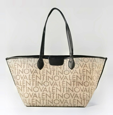 Mario Valentino Women's Beige/Black Tote Bag Logo, Double Handles, Blue Lining