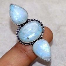 Long Rainbow Moonstone 925 Silver Plated Ring US 9.5 Limited Stock Deal JW