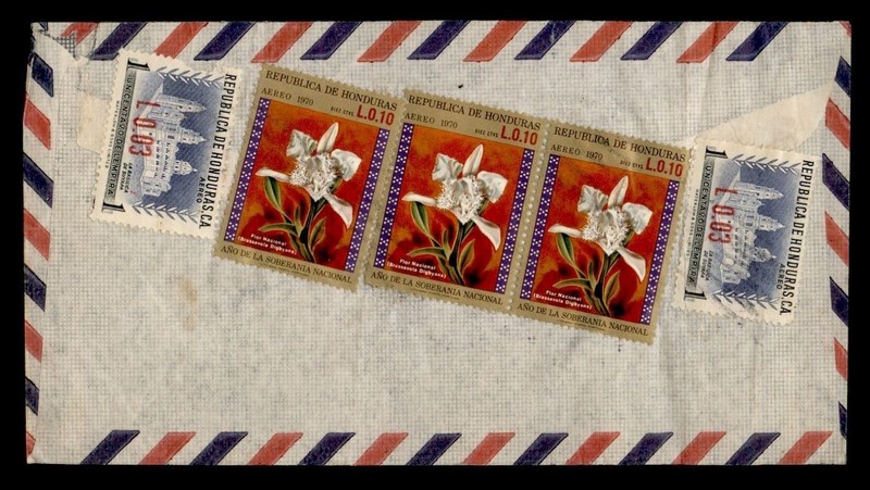 DR WHO 1975 HONDURAS OVPT FRENCH HARBOUR AIRMAIL TO USA R82060