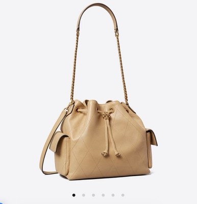 Tory Burch Charlie Quilted Drawstring Shoulder Bag Pecan NWT