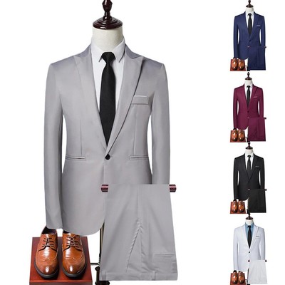 2 Pieces Set Men Elegant Suit Solid One Button Lapel Jacket Formal Business Suit