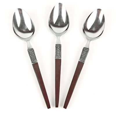 Vintage 1960'S EKCO ETERNA 3-pc Lot LA JOYA Stainless Steel Wooden Handle Spoons