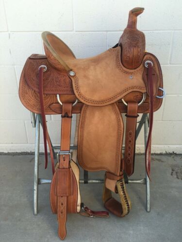 Western Brown Rough Out Leather Hand carved Roper Ranch Saddle : 15