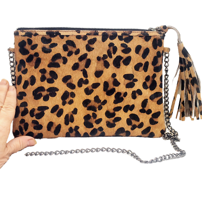 Leopard Print Hair on Hide Leather Small Crossbody Bag with Chain