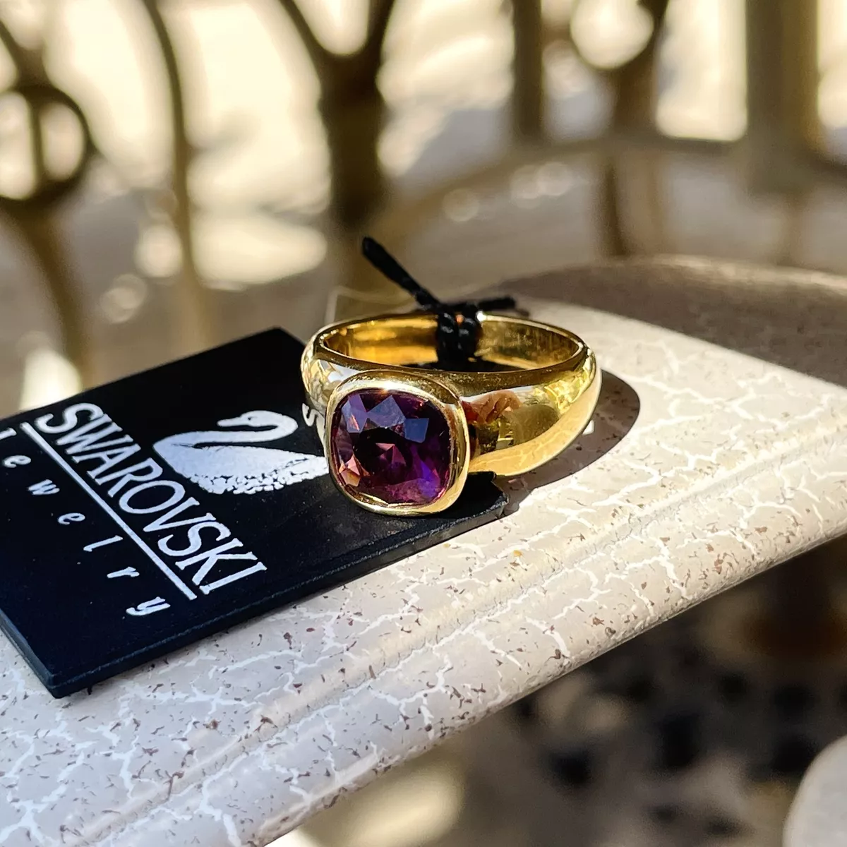 Swarovski Sterling Silver 925 Gold Tone Amethyst Rounded Square Ring 6.4g Size 7