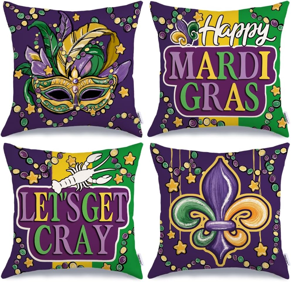 Happy Mardi Gras Fleur De Lis Mask Beads Throw Pillow Covers 18X18 Inch Set of 4