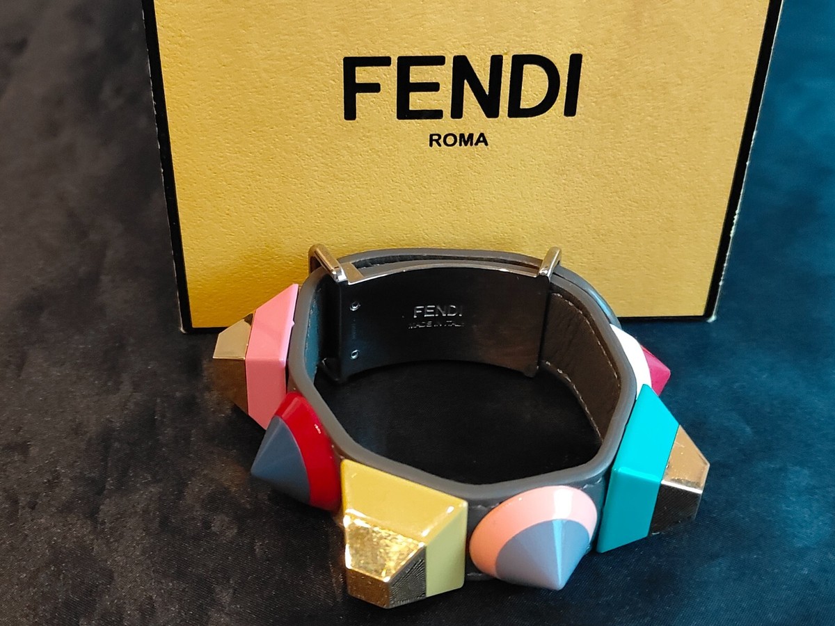 FENDI Leather Rainbow Studded Bracelet Multicolor Size 17cm with
