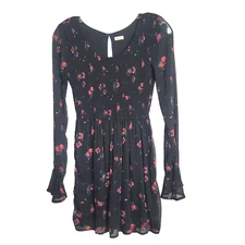 Hollister Short Dress Size XS Black Floral Sheer Long Ruffle Sleeve Lined