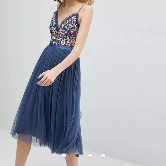 Needle & thread embroidered prom midi top dress in vintage blue