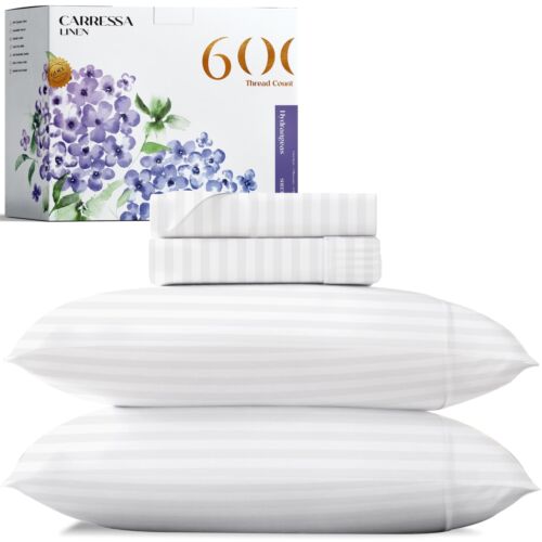 Carressa Linen Luxury Egyptian Cotton Twin Stripe Sheet Set - 600 Thread Coun... - 第 1/9 張圖片