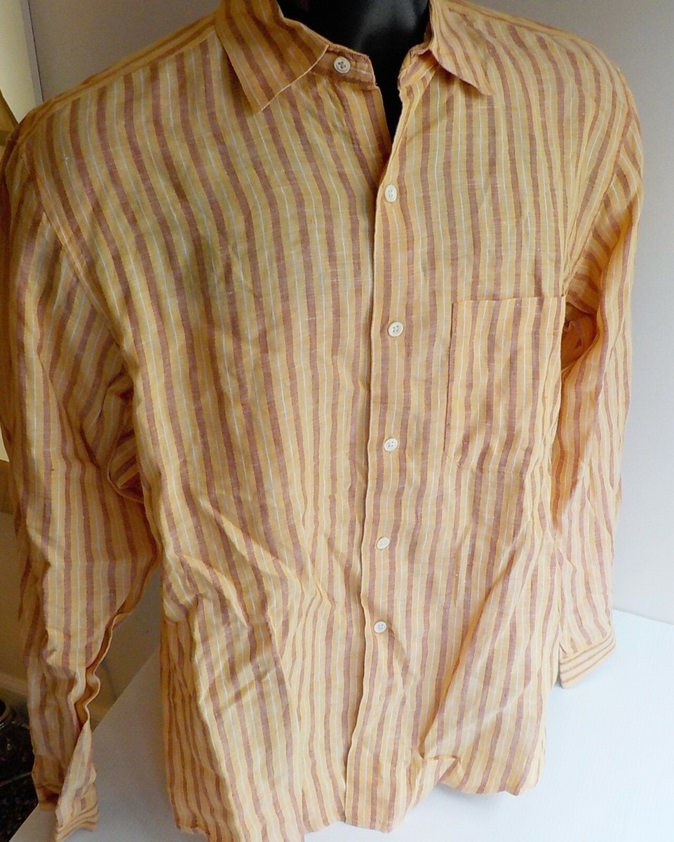 Banana Republic 100% Linen LS Button Front Striped Shirt Orange