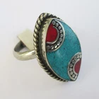 Tibetan Silver Turquoise Red Coral Original Jewelry Adjustable Unisex Ring R67