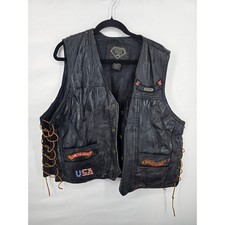 Diamond Plate Buffalo Leather Biker Vest Mens 2X Black Patches Distressed USA