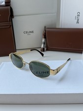 Celine CL40235U 30N Triomphe Metal Oval Sunglasses Gold Green Lens AUTHENTIC