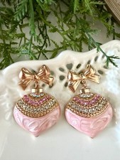 Pink Christmas Ornament Bow Earrings Rhinestone Holiday Fashion Jewelry