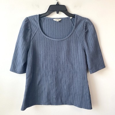 Max Studio Elbow Sleeve Rib Knit Top Blue M