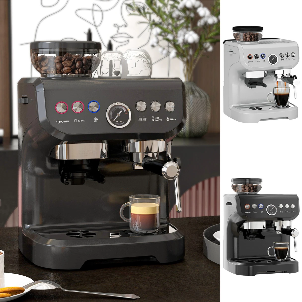 Máquina de café espresso, molinillo de frijoles y varita de vapor, bomba de 15 bares