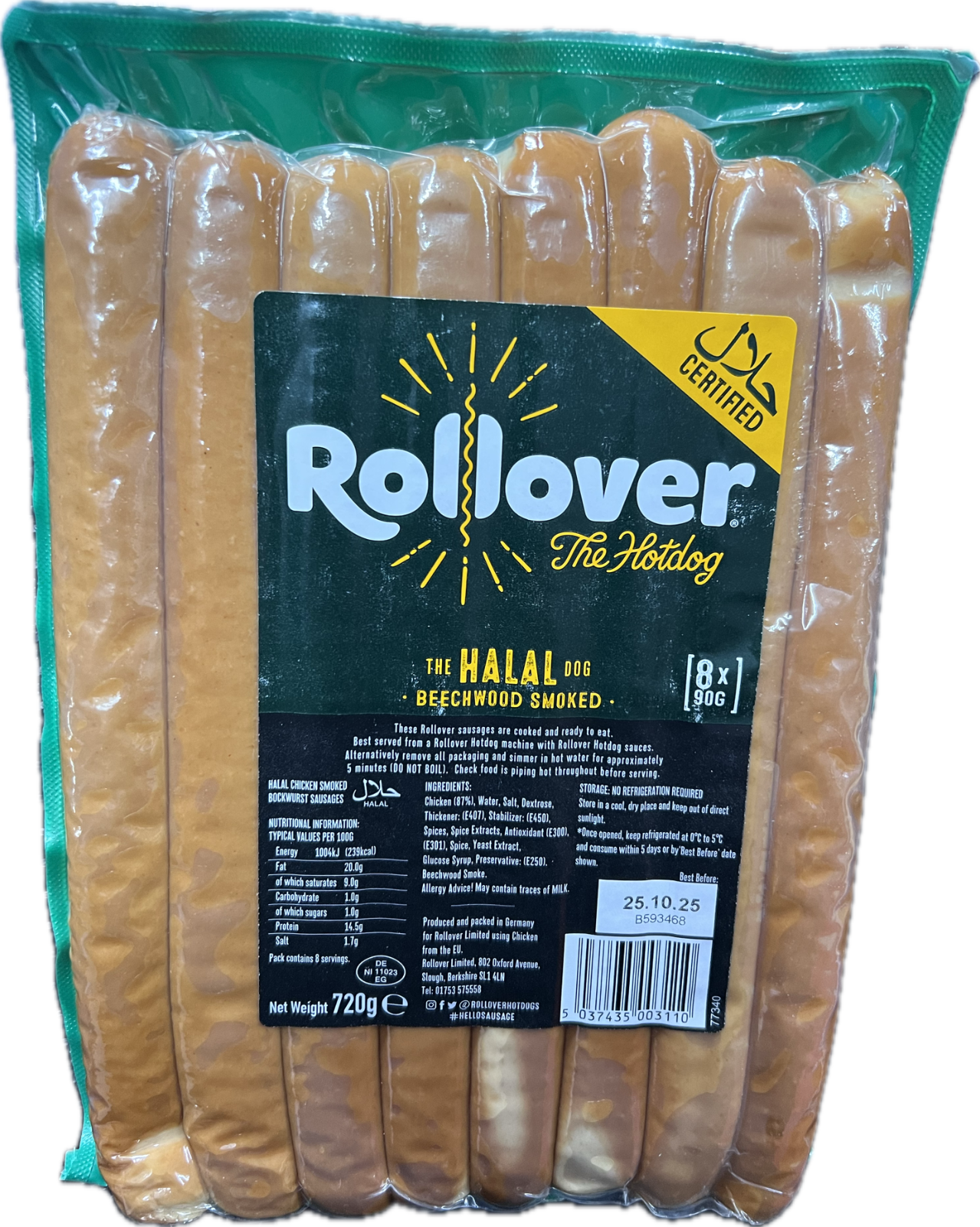 Rollover Halal Chicken Hot Dogs bockwurst hotdog sausages 90g (pack of 8)