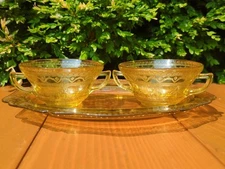 Lot of 3 Federal Patrician Spoke Amber Double Handled Bowl & Platter Depression