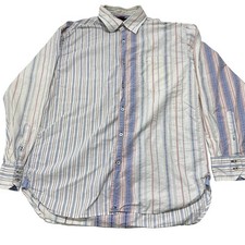 Tommy Hilfiger Men Shirt Size L Red White Blue Striped Button Up STAIN ON COLLAR