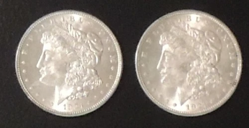 Two 1921 Morgan Silver Dollar Coins (Brilliant Uncirculated)