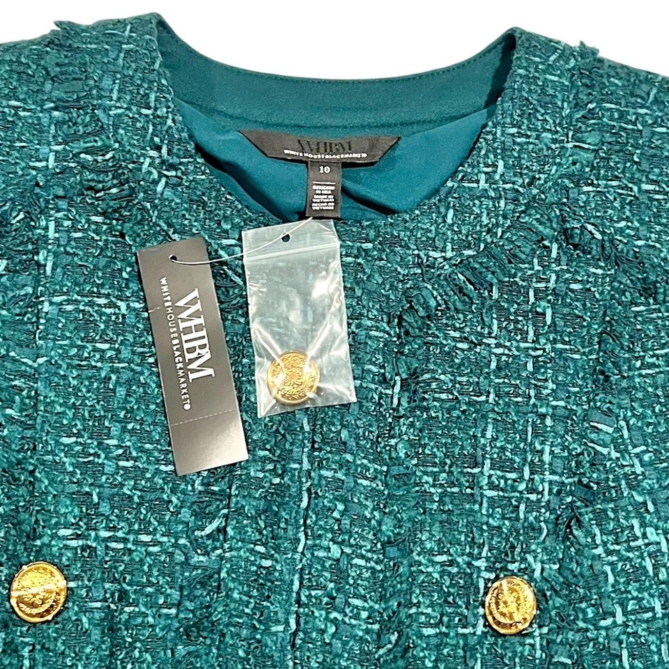 NUEVO CON ETIQUETAS Casa Blanca Mercado Negro Mar Oscuro Tweed Traje Chaqueta y Falda 10 Dorado Foto 3 de 4
