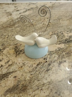CR GIBSON 2  Birds Photo Card Note Holder Wire Clip Decor  Ceramic Pastel Colors