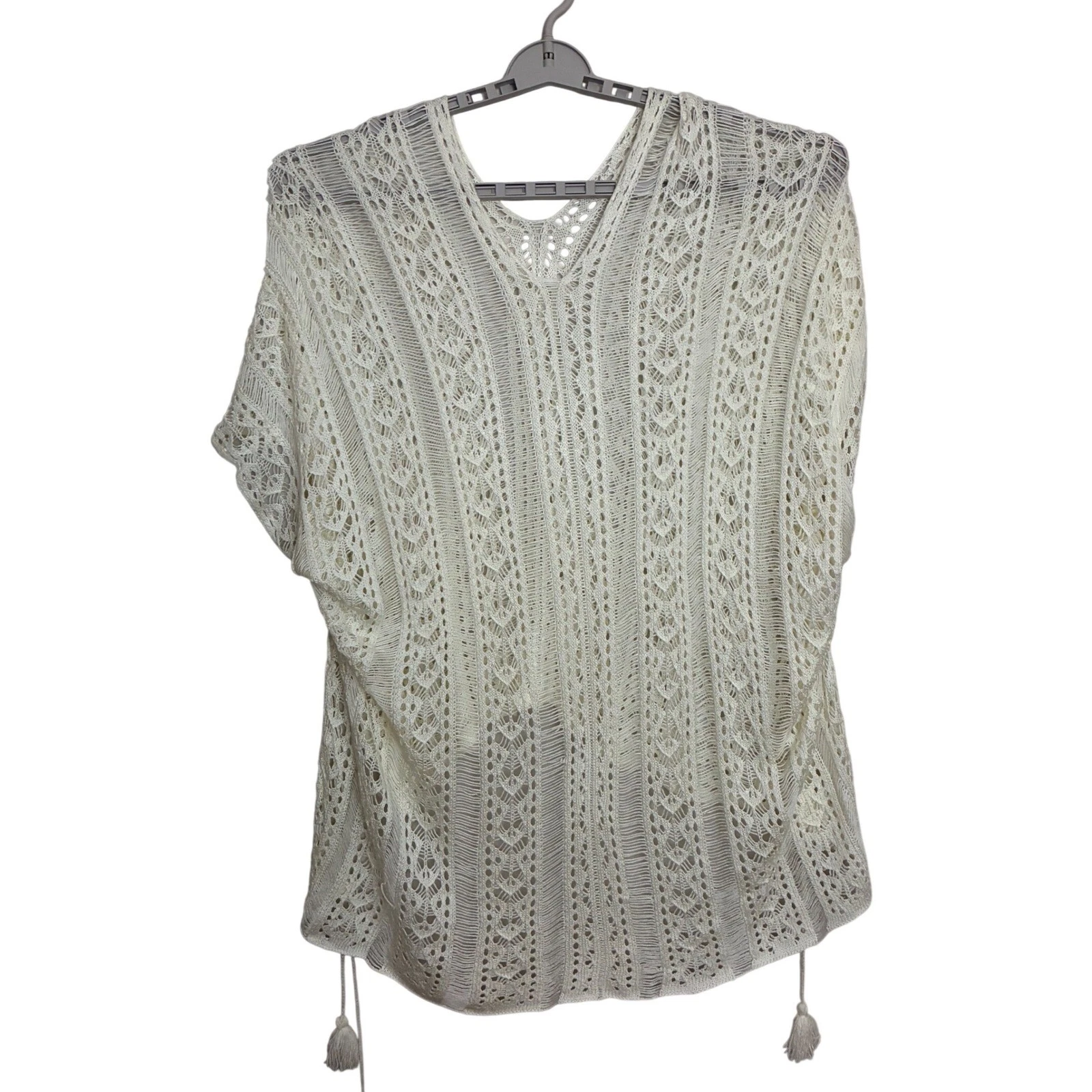 Crochet Knit Poncho Women OS Ivory Boho Tassel High-Low Beach Coverup