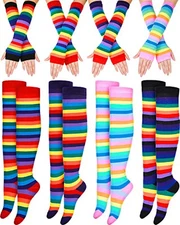 Chuarry 8 Pairs Women's Rainbow Thigh High Socks Fingerless Arm Warmer Set 