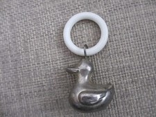 Vintage Silver Plated (I Think) Duck Baby Rattle / Plastic Teething Ring 1940s.